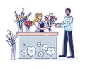 Concept Of Flower Shop. Male Character Buys The Bouquet Of Beautiful Flowers At Florist. Woman, The Owner Of Flower Shop