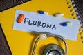 Concept of Flurona write on sticky notes with stethoscope isolated on Wooden Table