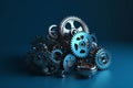 Flying gears on blue background, engineering technology, mechanism development, industrial progress, idea concept, business cooper