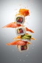 The concept of flying sushi. Flying food and motion concept.