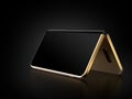 Concept of foldable smartphone folding on the longer side. Flexible smartphone isolated on black background with empty place on