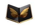 Concept of foldable smartphone folding on the longer side with golden butterfly image on screen. Flexible smartphone isolated on Royalty Free Stock Photo