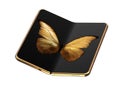 Concept of foldable smartphone folding on the longer side with golden butterfly image on screen. Flexible smartphone isolated on Royalty Free Stock Photo