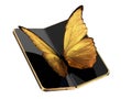 Concept of foldable smartphone folding on the longer side with golden butterfly sitting on the screen. Flexible smartphone