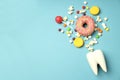 Concept of food bad for teeth, dental care, space for text Royalty Free Stock Photo