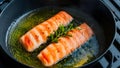 Closeup shot of cooking beluga sturgeon fillet in oil for healthy mea. Concept Food Photography,