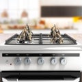 The concept of forced savings on utilities Gas stove with wood on the burners 3d render kitchen background