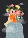 The concept of a free and positive mind, a blooming brain. A beautiful woman with flowers