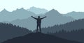 Concept of freedom. Happy man stand on peak of mountain on background of beautiful forest and mountains. Silhouette. Vector Royalty Free Stock Photo