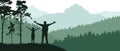 Concept of freedom. Happy man and woman stand on background of beautiful forest and mountains. Silhouette. Vector illustration