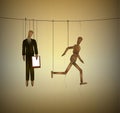 Concept of freedom, office worker marionette hanging on the threads and one marionette running away, be free idea,