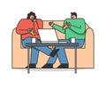 Concept Of Freelance Work, Friendship And Leisure. Couple Man And Woman Are Sitting On Sofa In Cafe