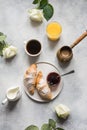 Cup of coffee, freshly baked croissants. Top view. Flat lay. Concept french breakfast Royalty Free Stock Photo