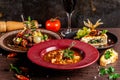 Concept of French cuisine. Laid table in a restaurant for a celebration of different dishes. background image