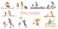 Concept of friendly family and Motherhood child-rearing playing walking with kids retro cartoon icons banners set