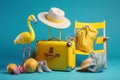 background concept blue yellow camera travel summer suitcase sunglasses vacation flamingo. Generative AI. Royalty Free Stock Photo