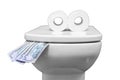 Concept of a fun toilet with a tongue made of us dollars and an eye toilet paper, isolated on a white background Royalty Free Stock Photo