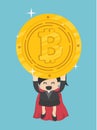 Concept Funny superhero Business Woman flying hold Bitcoin