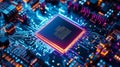 Concept of the future microchip processor with lights on the blue background. Quantum computing, big data processing Royalty Free Stock Photo