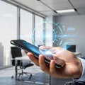 Businessman Hand Holding Smartphone with Holographic Data Interface Royalty Free Stock Photo