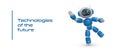 Concept of future technologies. Cute realistic robot is balancing on one leg