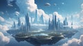Concept of the future visualized as a city floating above the clouds