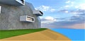 The concept of a futuristic housing built inside a granite rock on a sandy island in the middle of the blue ocean. 3d rendering