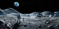 Concept of a futuristic lunar base with advanced structures, astronaut in space suit and the Earth seen in the distance.