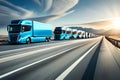 Futuristic Trucks Fleet On Highway With Full Self Driving System Activated For Transportation Autonomy Concepts A. Generative AI