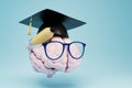 the concept of gaining knowledge. brain in a graduation cap and glasses with a pencil on a blue background. 3d render