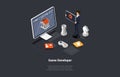 Concept Of Game Development. GameDev Character In Process Of Create And Develop New Computer Video Game Design. Digital