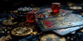 The concept of games of chance. Online casino gaming : roulette, cards, betting, chips, dice a world of chance and Royalty Free Stock Photo