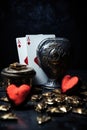 The concept of games of chance. Online casino gaming : roulette, cards, betting, chips, dice a world of chance and Royalty Free Stock Photo