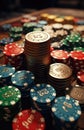 The concept of games of chance. Online casino gaming : roulette, cards, betting, chips, dice a world of chance and Royalty Free Stock Photo