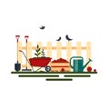 Concept of gardening. Farm tools flat-vector illustration. Garden instruments icon collection,shovel,rake,wheelbarrow