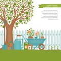 Concept of gardening. Garden tools. Banner with summer garden l