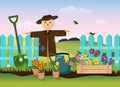 The concept of gardening. Garden tools and boxes with flower seedlings
