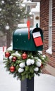 Garland Wrapped Around A Mailbox Stuffed With Christmas Cards. Afternoon. Snowing. Shot From The Fron. Generative AI