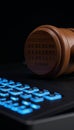 Gavel atop glowing keyboard with binary codes symbolizes cyber law and justice Royalty Free Stock Photo