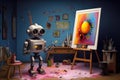 Generative AI art technology concept, robot painting picture in studio. comeliness