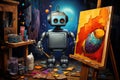 Generative AI art technology concept, robot painting picture in studio. comeliness