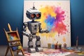 Generative AI art technology concept, robot painting picture in studio. comeliness