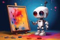Generative AI art technology concept, robot painting picture in studio. comeliness