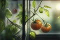 Concept Generative AI illustration of tomato plants gorwing inside greenhouse glasshouse