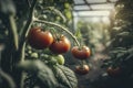 Concept Generative AI illustration of tomato plants gorwing inside greenhouse glasshouse