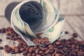 Concept : generous tip for a cup of morning coffee