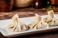 The concept of Georgian cuisine. Khinkali from white dough with meat. Serving dishes in Georgian restaurant on a white plate