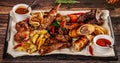 Concept of Georgian cuisine. Large meat board with shashlik, roasted meat, french fries, roast lamb and sauce. Serving dishes Royalty Free Stock Photo