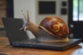 The concept of a giant snail working on a computer represents slow work, slow connection, and internet Royalty Free Stock Photo