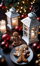 Gingerbread Cookies Displayed Next To A Christmas Lantern, Night, Indoor Table Setting, Overhead View. Generative AI